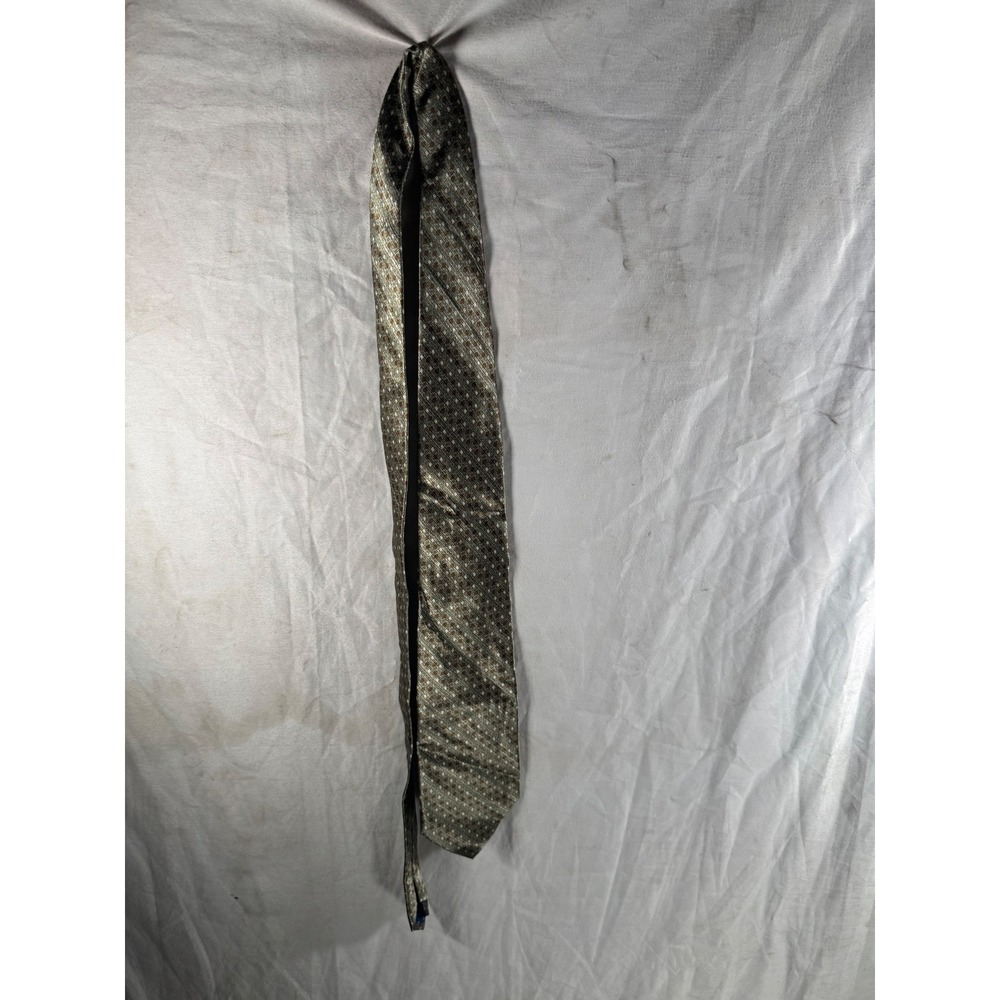 Belisi Mens Silk Necktie Olive Green Brown Geometric Floral Hand Made Tie